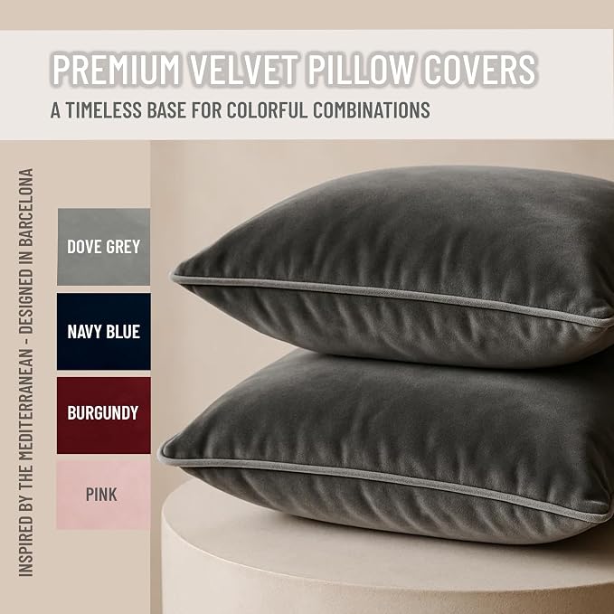 2 Pack Velvet Decorative Throw Pillow Covers, Deep Grey, Contrast Piping - Image 2
