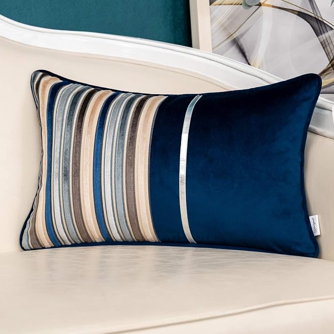 Yangest Navy Blue Striped Patchwork Throw Pillow Cover Gold Leather Cushion by Yangest