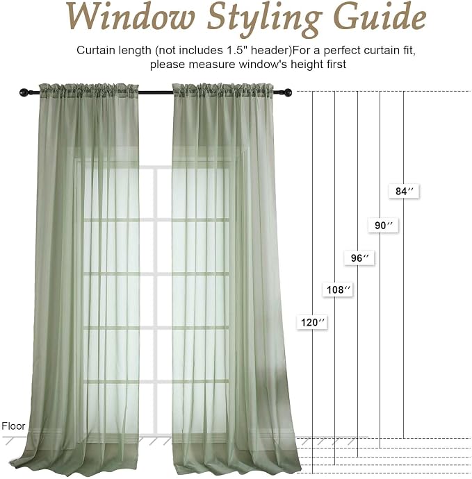 OVZME Sage Green Sheer Curtains 120 Inches Long 2 Panels Set, 59 Inch Extra - Image 2