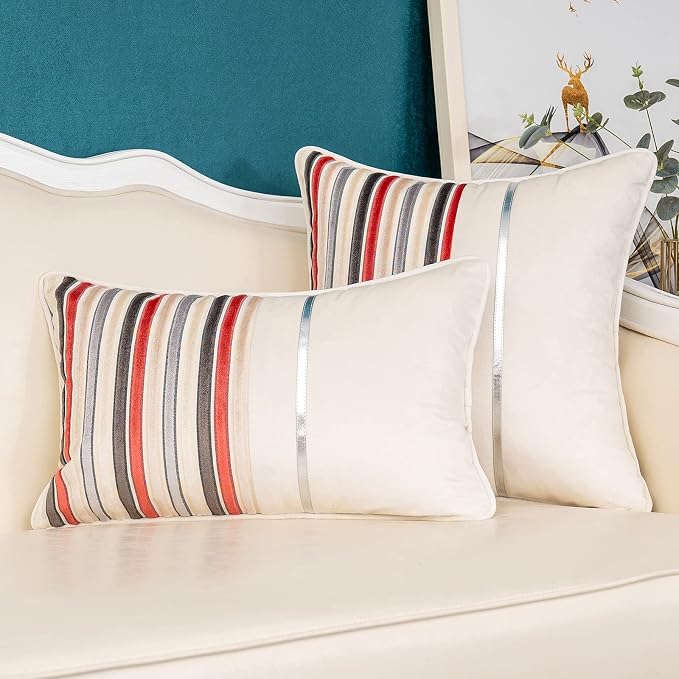 Yangest Red Striped Patchwork Throw Pillow Cover Silver Leather Cushion Cover - Image 5
