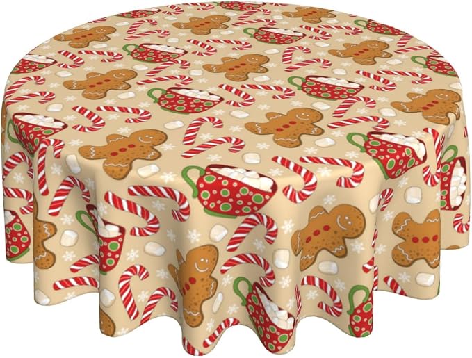 Christmas Tablecloth Round 60×60 Inch, Gingerbread Man Candy Cane Holiday by QANOK