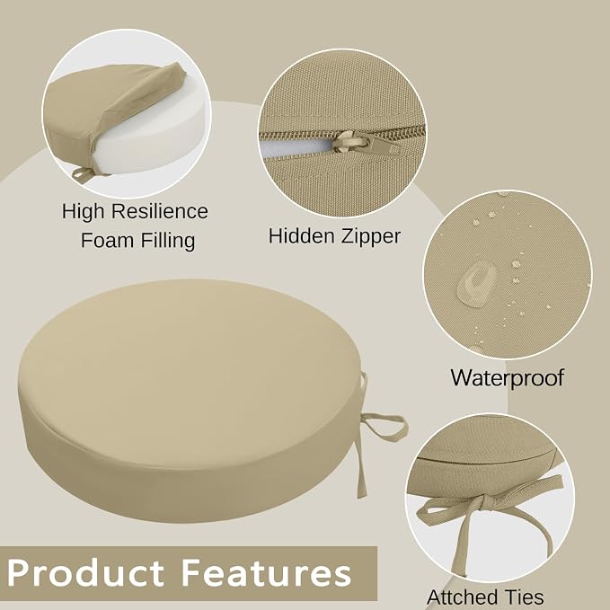 idee-home Outdoor Bistro Chair Cushions, 15”x15”x 3” Thick Outdoor Round Seat - Image 2