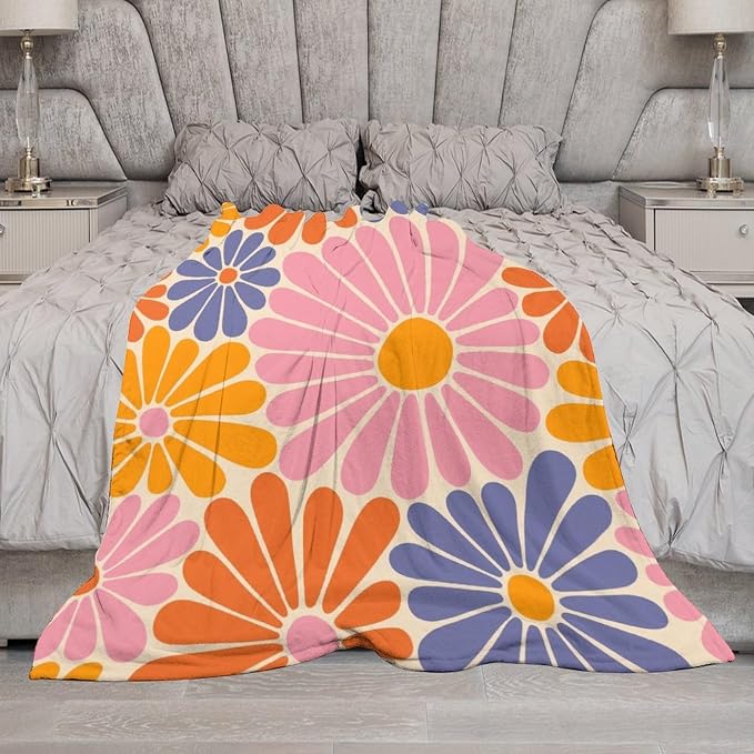 1970s Hippie Floral Throw Blanket, Retro Orange Pink Blue Flower Boho Groovy - Image 7
