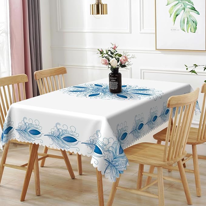 54x108inches Boho Floral Print Tablecloth Blue White Bohemian Floral Pattern by TTQYFNM