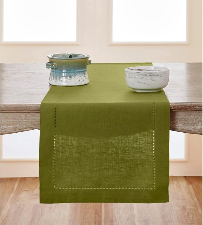 Solino Home Linen Avocado Green Hemstitch Table Runner 60 Inches by SolinoHome