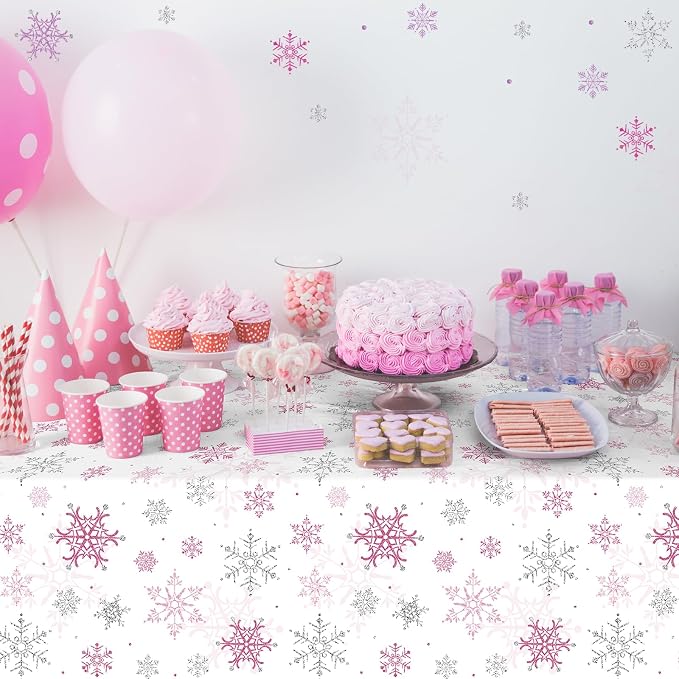 3 Pcs Christmas Snowflake Party Tablecloths Decorations, Plastic Pink Winter - Image 5