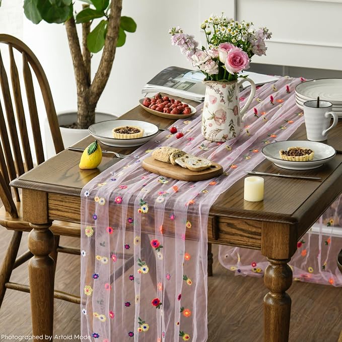 Artoid Mode Pink Embroidery Daisy Gauze Table Runner 120 Inch 10FT, Seasonal - Image 5