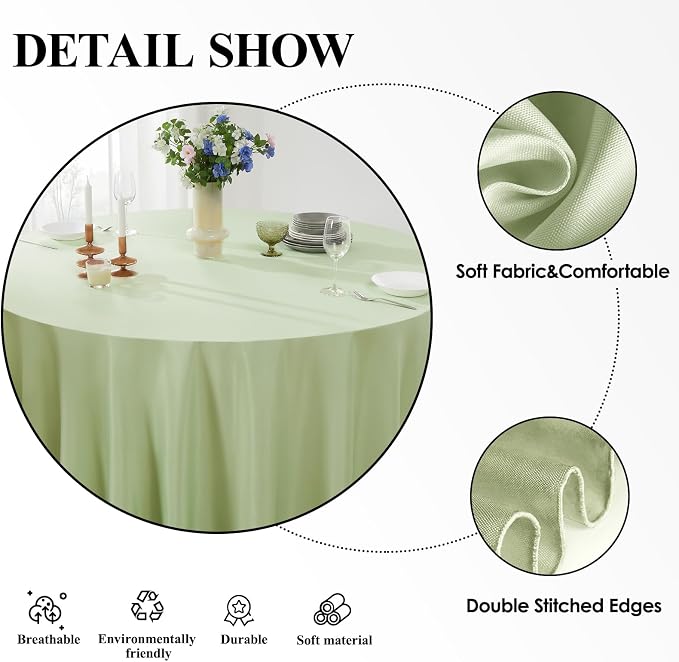 Round Tablecloth 132 Inch 6 Pack Sage Green Tablecloths Washable Decorative - Image 4