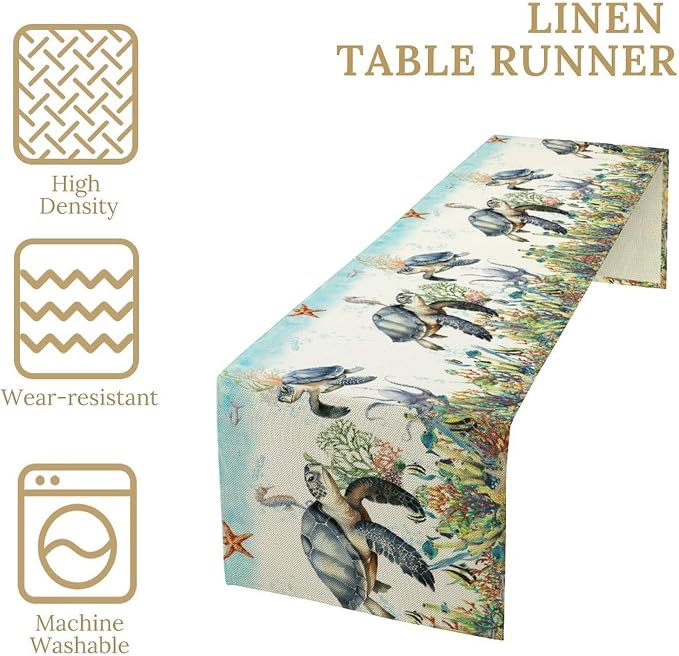 Ocean Animals Sea Turtle Table Runner Underwater Life Octopus Starfish Seaweed - Image 5