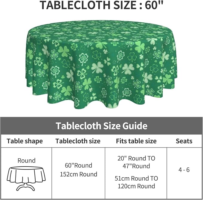 St.Patrick's Day Tablecloth Round 60×60 Inch, Spring Green Luck Shamrock - Image 7