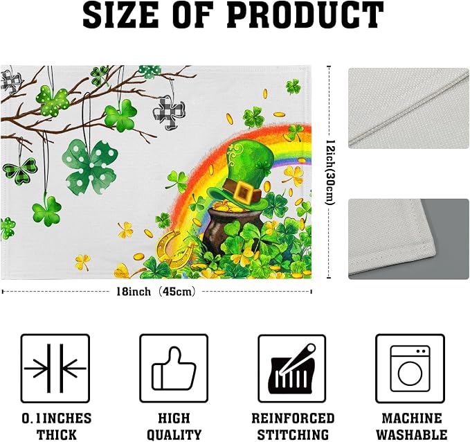 Giwawa St Patricks Day Placemats Set of 4-12"x18" Lucky Clover Tree Elf Hat - Image 4