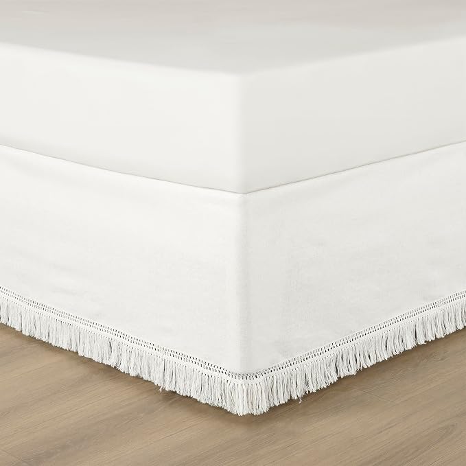 Lush Decor Boho Fringe 15-Inch Tailored Drop Easy Fit Bedskirt, Pure White - Image 2