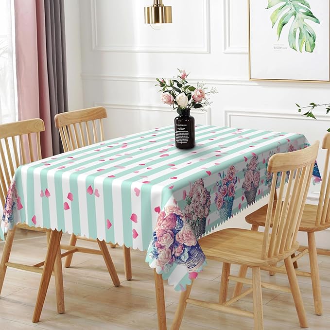54x86inches Mint and White Stripes Tablecloth Pink Flowers Hearts Printed Table by TTQYFNM
