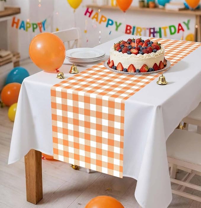 3 Pcs Orange and White Checkered Table Runner Plastic 14 x 108 Disposable - Image 2