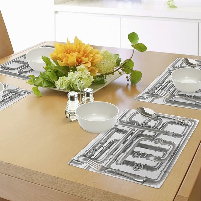 Ambesonne Industrial Place Mats Set of 4, Maze of Pipelines Faucets and Valve - Image 4