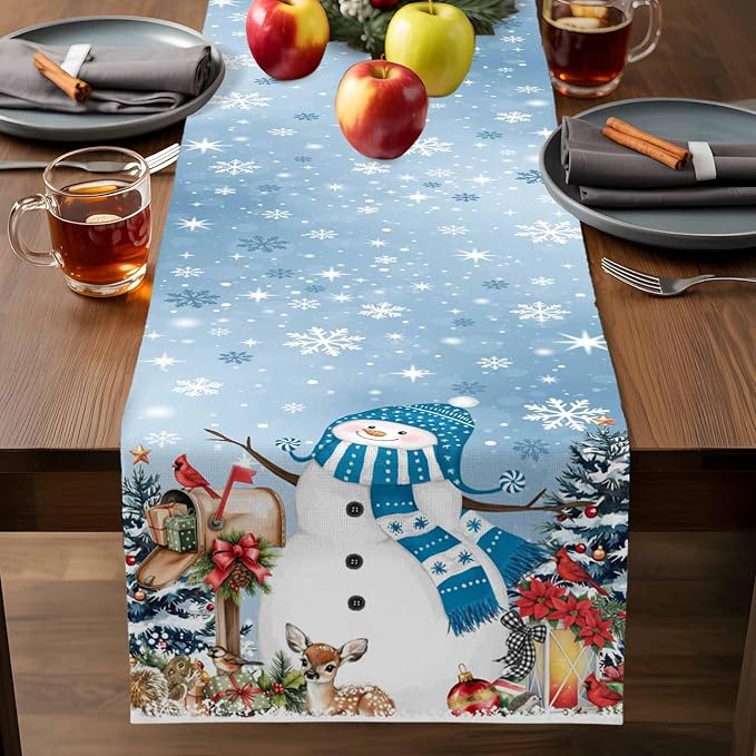 Blue Snowman Christmas Table Runner, 16x72 Inch, Xmas Tree Table Runners Elk - Image 9
