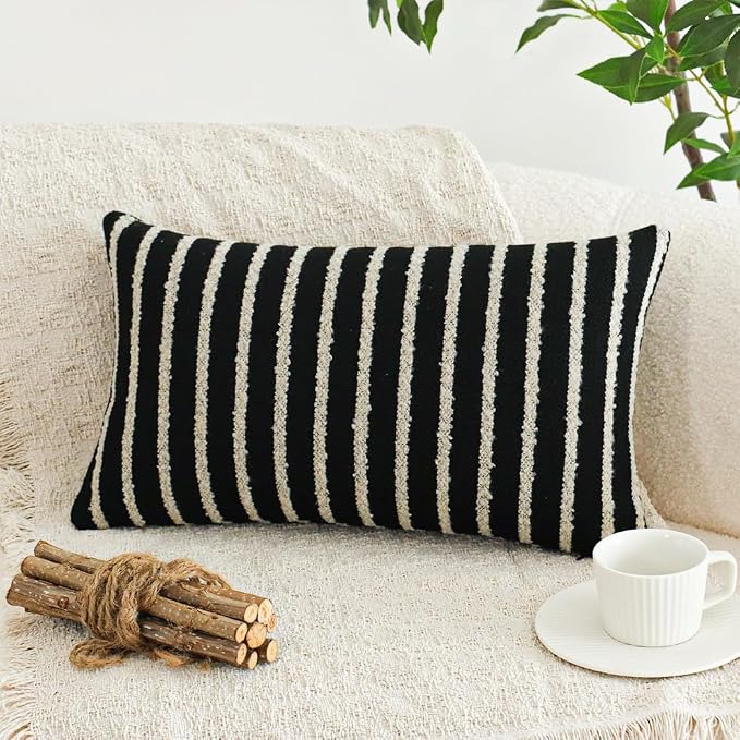 Jonhier Black Striped Lumbar Boho Throw Pillow Cover, Modern Boucle Textured by Jonhier