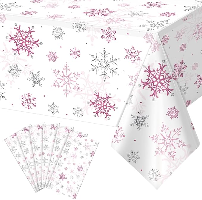 6 Pcs Christmas Snowflake Party Tablecloths Decorations, Plastic Pink Winter by JectivsPartyDecorations