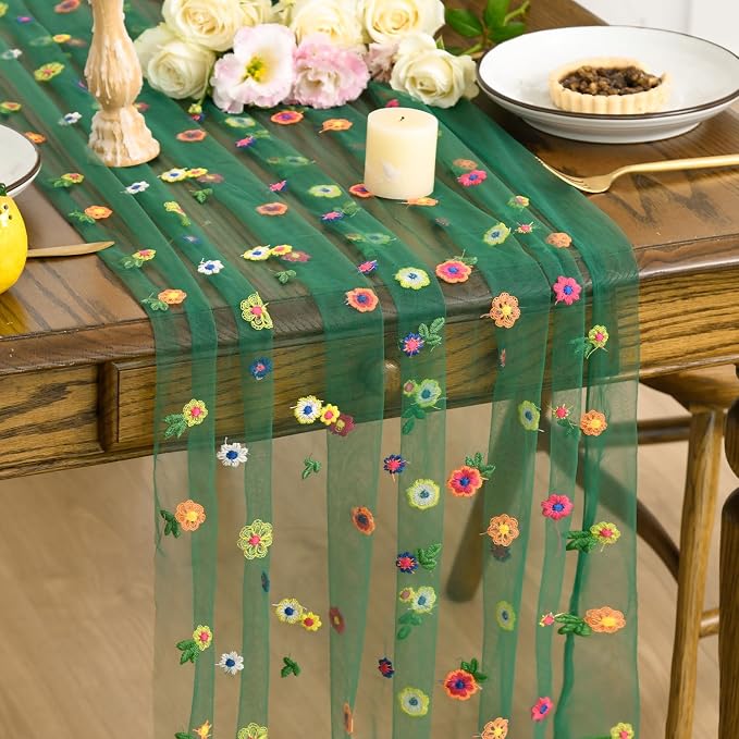 Artoid Mode Dark Green Embroidery Daisy Gauze Table Runner 120 Inch 10FT by ArtoidMode