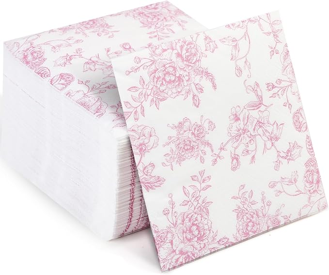 100 Pack Pink Floral Cocktail Napkins, Guest Hand Towels Disposable by WNYLEPL