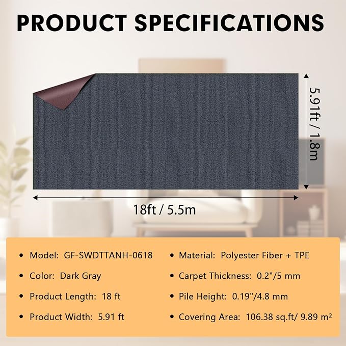 Marine Carpet, 6 FT x 18 FT Dark Gray Indoor Outdoor Carpet 0.2" Thick Boat - Image 2
