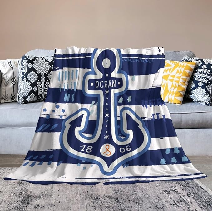 Nautical Anchor Blanket Modern Cartoon Anchor Ocean Adventure Blue White Soft - Image 4