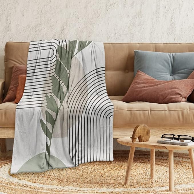 Boho Mid Century Throws Blankets Beige Yellow Modern Abstract Throw Blankets - Image 2