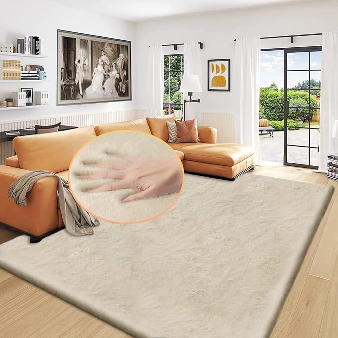 Washable Area Rug 6x9 Rugs for Living Room Camel Plush Faux Bunny Fluffy Fur by ORINOVA