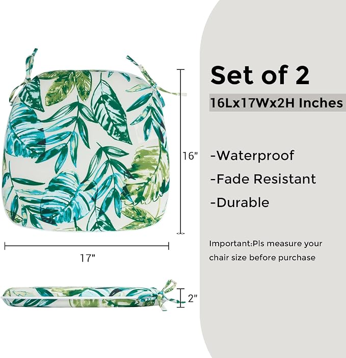 Outdoor Chair Cushions Set of 2, Patio Seat Cushion 17"x16"x2", U-Shaped Dining - Image 3