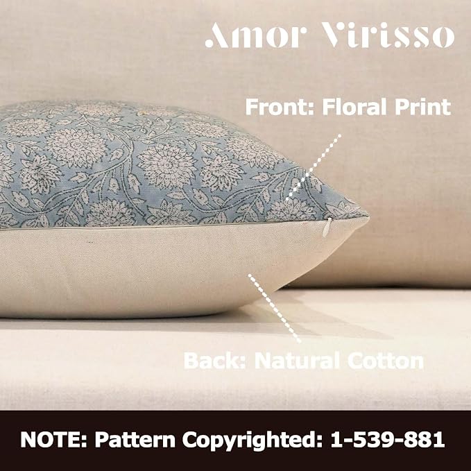 Amor Virisso Floral Throw Pillow Covers 18x18 Block Print Pillow Covers Vintage - Image 2