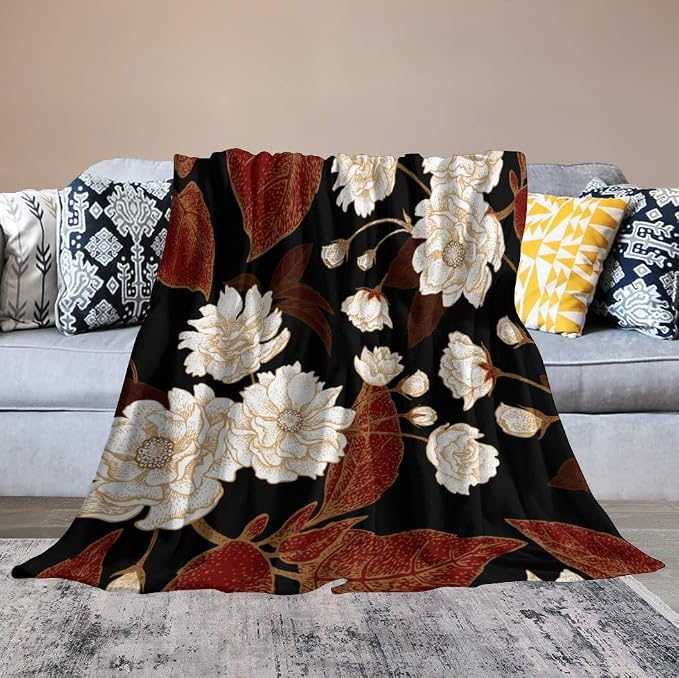 Red Gold Floral Blanket, Boho Dark Flower Leaves Chinese Plum Blossoms - Image 6