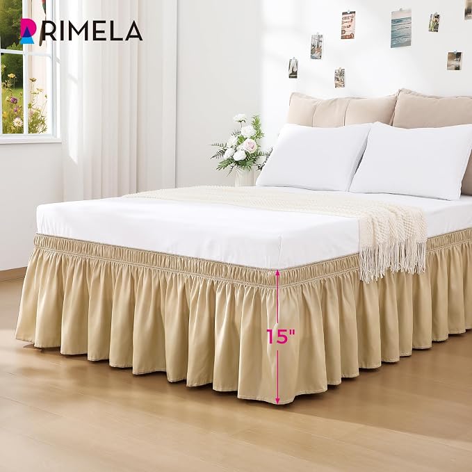 RIMELA Beige Bed Skirt Queen Size 15 Inch Drop, Wrap Around Elastic Bedskirt - Image 3