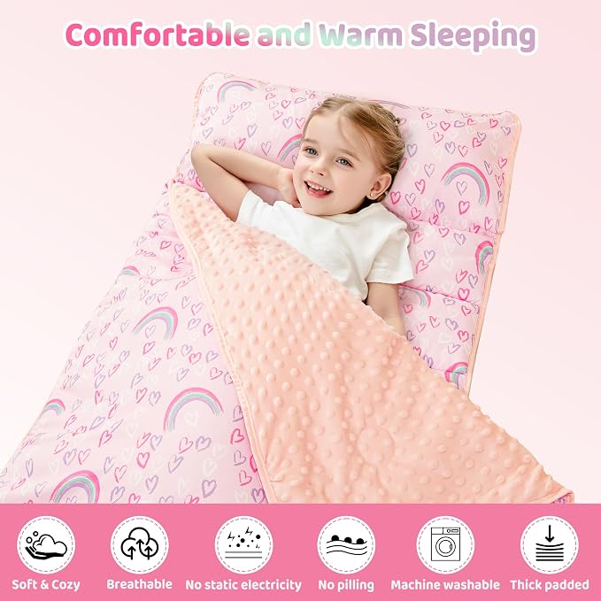 Viviland Toddler Kid Nap Mat for Preschool, Girls Pink Rainbow Slumber Bag - Image 6
