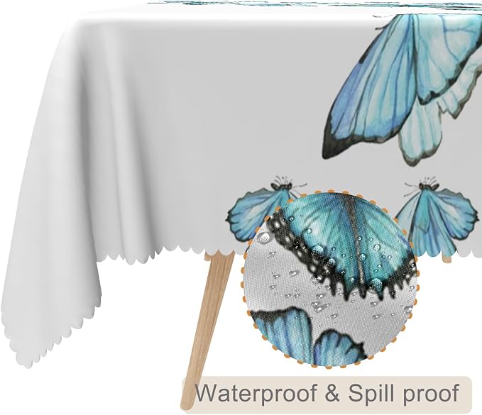 54x108inches Blue Butterfly Rectangle Table Cloth Nature Butterflies White - Image 2