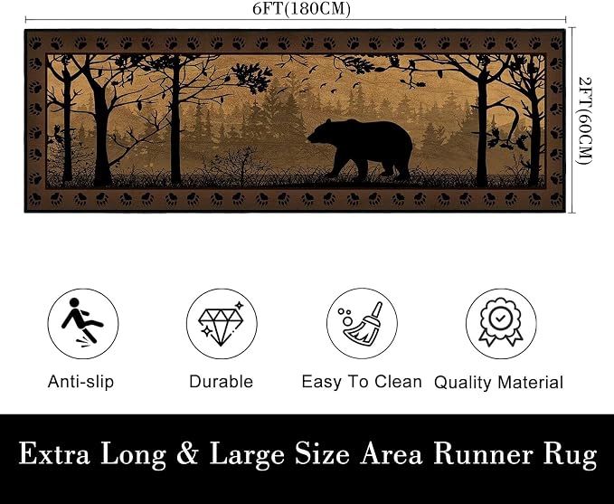 Rustic Cabin Wildlife Runner Rug 2x6, Bear Country, Ultra-Thin Throw Carpet - Image 2