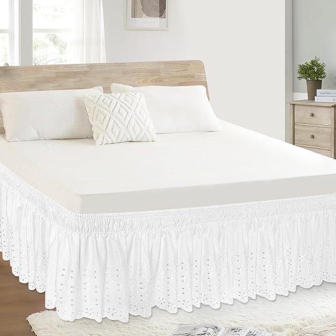 Queen Bed Skirt, Wrap-Around Elastic Ruffled Eyelet Bed Skirt Queen Size Dust - Image 5