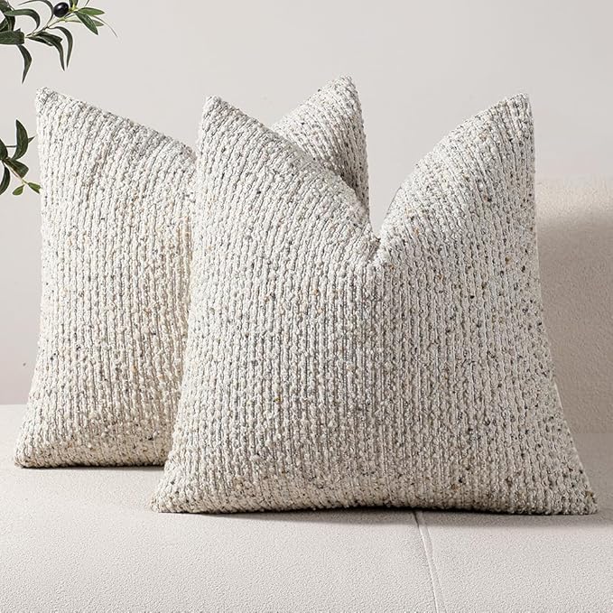 Striped Throw Pillow Covers 24x24 Set of 2 Cream Grey Textured Boucle Chic by DEZENE