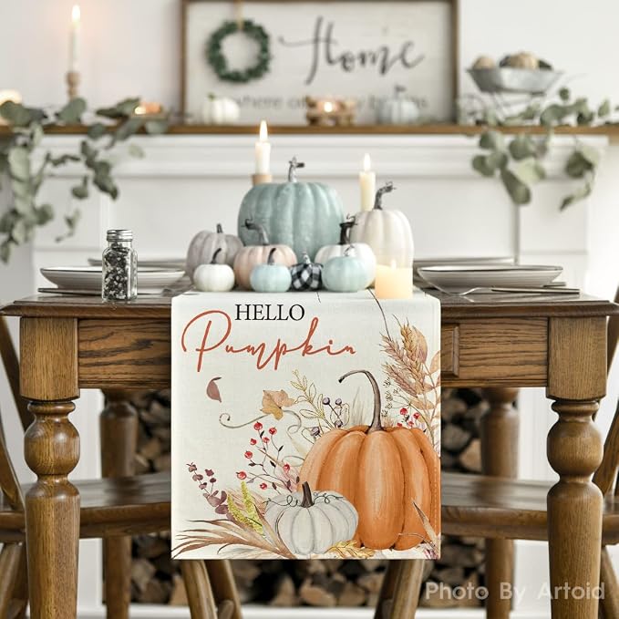 Artoid Mode Hello Pumpkin Leaves Fall Table Runner, Seasonal Autumn Kitchen - Image 2