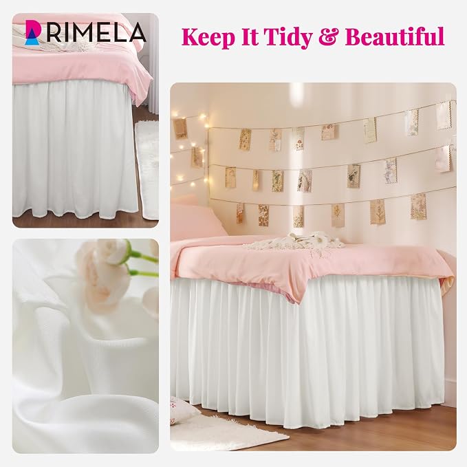 RIMELA Dorm Bed Skirt Twin XL 32 Inch Drop, Warm White Bedskirt Solid Silky - Image 4