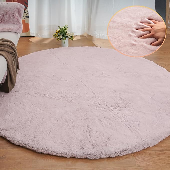 Pink Fluffy Round Rugs 6ft Large Circle Washable Faux Rabbit Shaggy Fur Rugs - Image 3
