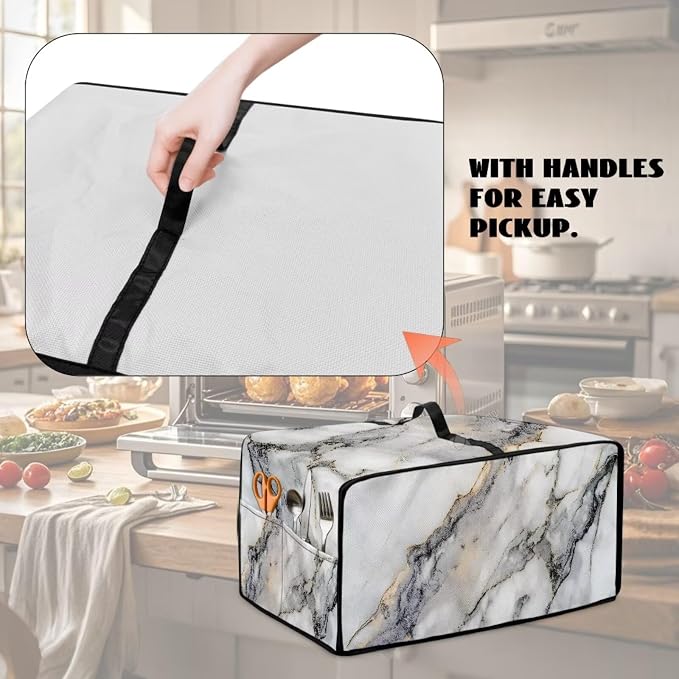White Marble Texture Print Microwave Oven Dust Cover Sturdy Polyester-Linen - Image 5