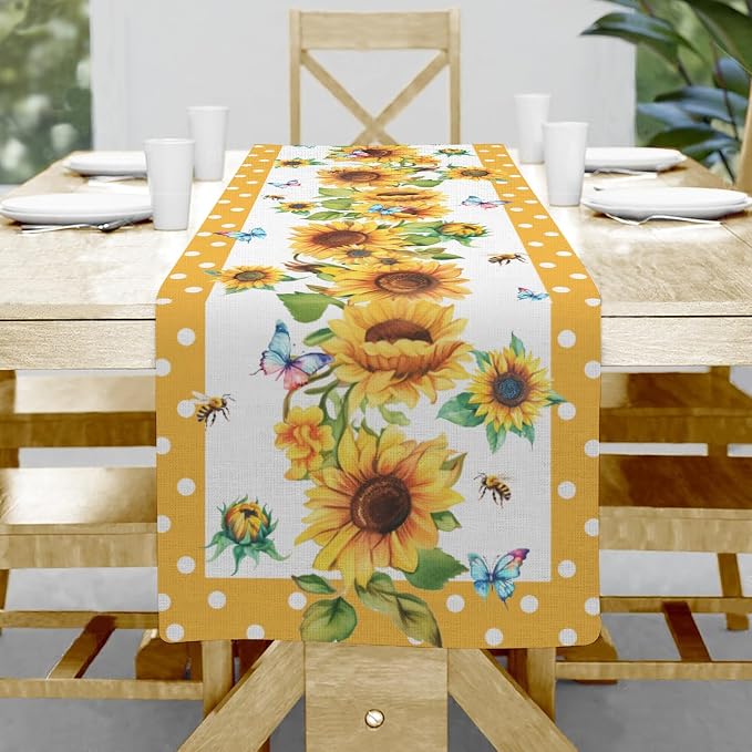 Sunflower Table Runner, Cotton Linen Floral Yellow 13x36 inch Bohemian Table by Hliyty