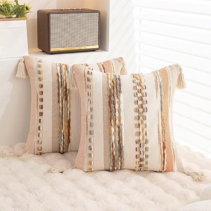 Boho Throw Pillow Covers 18x18 Set of 2 Woven Tufted Farmhouse Pillows Cover - Image 4