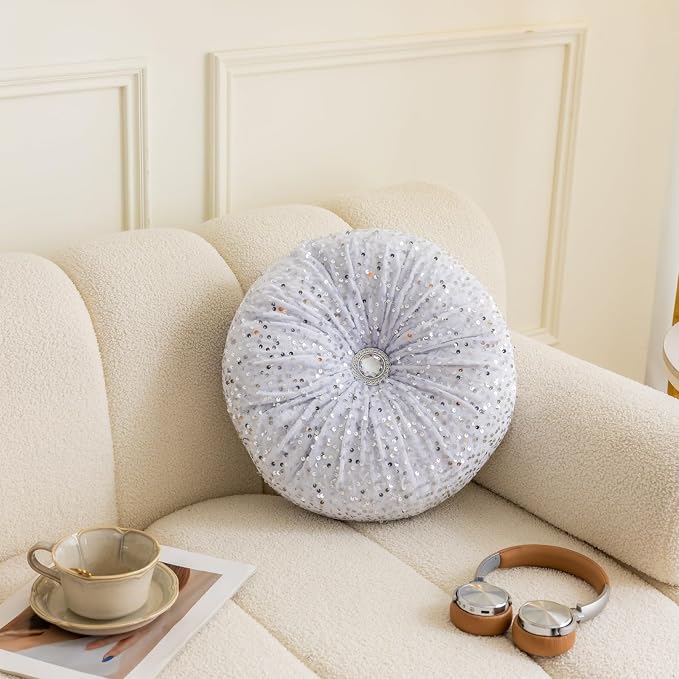 Round Throw Pillow, 13.7in Soft Solid Color Sequin Glitter Decorative Round - Image 2