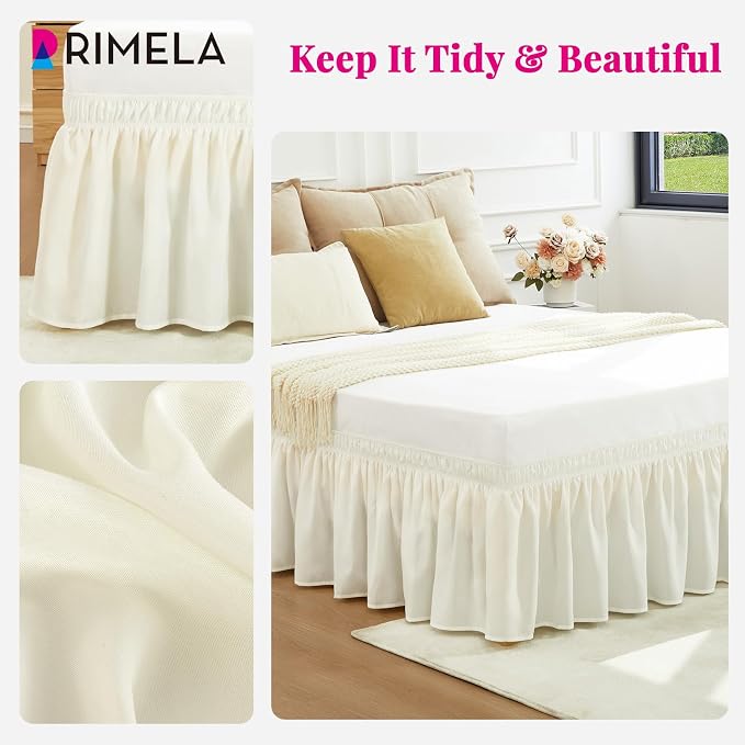 RIMELA Cream Bed Skirt Queen Size 12 Inch Drop, Wrap Around Elastic Adjustable - Image 3
