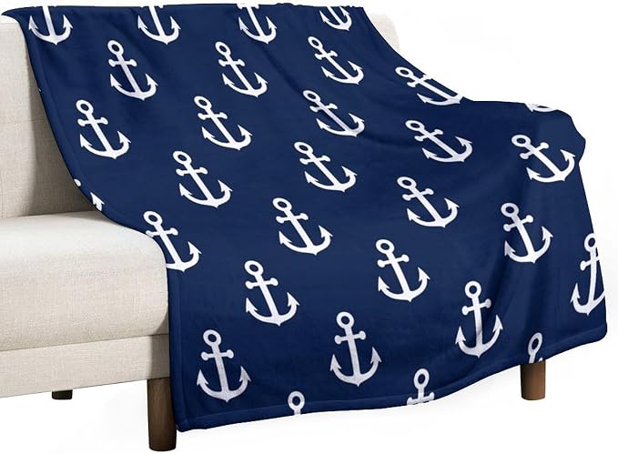 Anchor Blanket Vintage Rustic Ocean Nautical Style Navy Blue White Soft Cozy by JADERYS