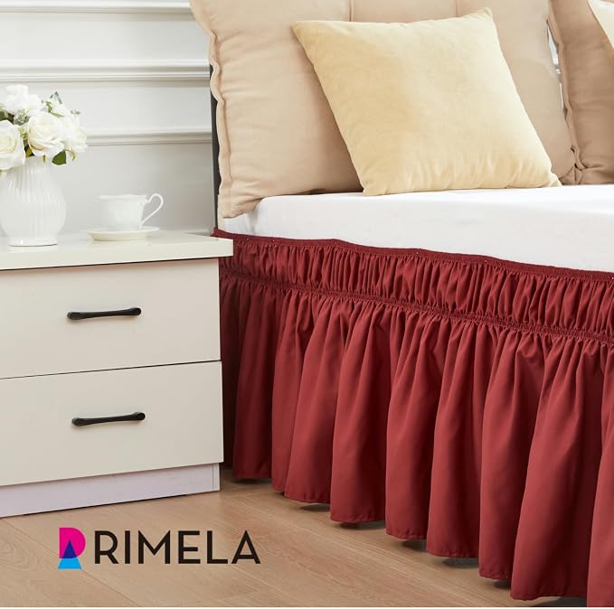 RIMELA Wine Red Bed Skirt Queen Size 15 Inch Drop, Elastic Bed Skirting - Image 3