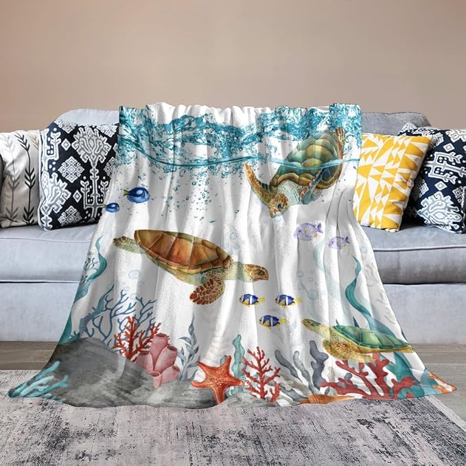 Sea Turtle Throw Blanket, Teal Blue Ocean Underwater Animal Starfish Fish - Image 6