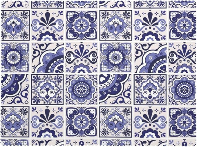 Talavera Mexican Tiles Tablecloth Navy Blue Flowers Leaves Hearts and Swirls - Image 7