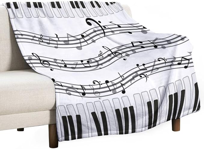 Music Blanket Black White Piano Keys Music Note Modern Abstract Art Print Soft by JADERYS